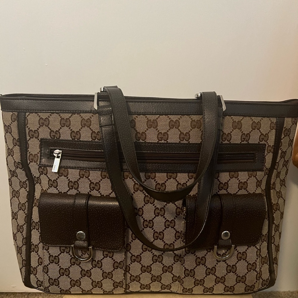 GG. Brown Monogram Canvas Tote w/Dark Brown Leather Trim tote/shoulder Bag